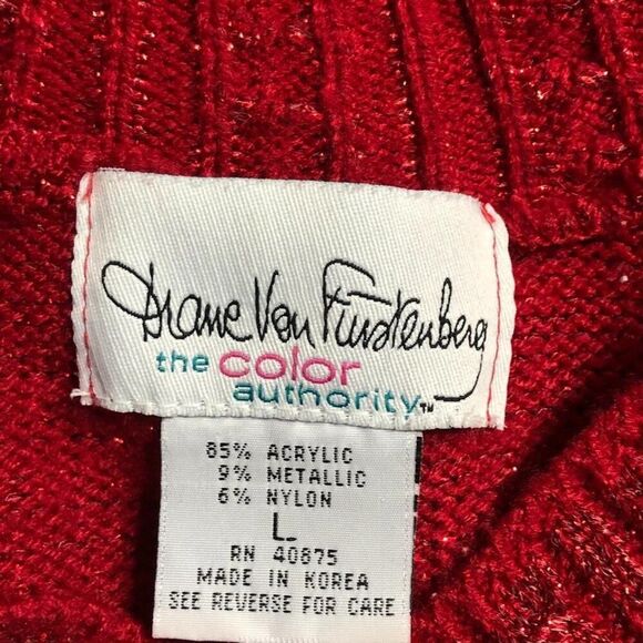 Diane Von Furstenberg Sweater Large Red Shimmery Long Sleeve V-Neck Vintage - Picture 6 of 6